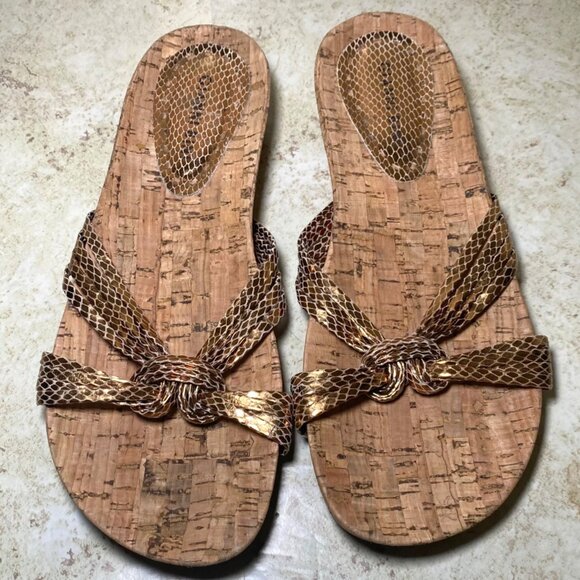 Gianni Bini Cork Wedge Sandals With Metallic Gold Straps Comfort Summer Casual - Picture 2 of 7